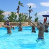Persone eseguono esercizi in una piscina all'aperto circondata da vegetazione.