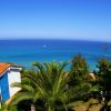 Vista mare con palme e tetto rossiccio.