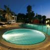 Piscina rotonda illuminata di notte, circondata da palme.