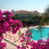 Piscina con bougainvillea fiorite e persone intorno.