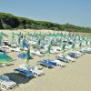 Spiaggia con lettini e ombrelloni verdi.
