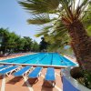 Piscina con lettini blu e palme.