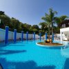 Piscina con colonne blu e palma.