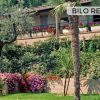 Giardino fiorito con palme e villette sullo sfondo.