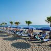 Spiaggia con ombrelloni blu e palme.
