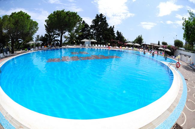 Piscina rotonda con sedie a sdraio, alberi e cielo blu.