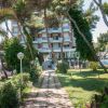Un giardino con alberi che porta a un edificio.