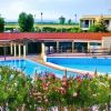 Piscina con terrazza, siepe fiorita in primo piano.
