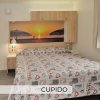 Camera da letto con letto matrimoniale e foto al tramonto.