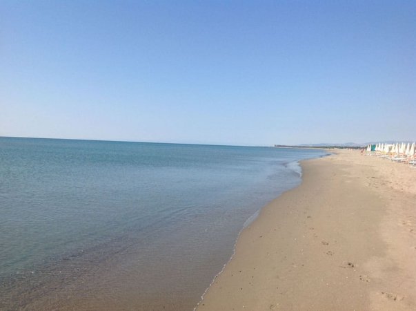 Spiaggia vuota con mare calmo e cielo sereno.
