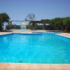 Piscina turchese circondata da alberi e cespugli.