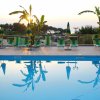 Piscina con ombrelloni verdi al tramonto.