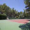 Campo da tennis con alberi intorno.